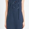 ENGLISH FACTORY Lace Dresses*- Linen Lace Up Front Dress NAVY