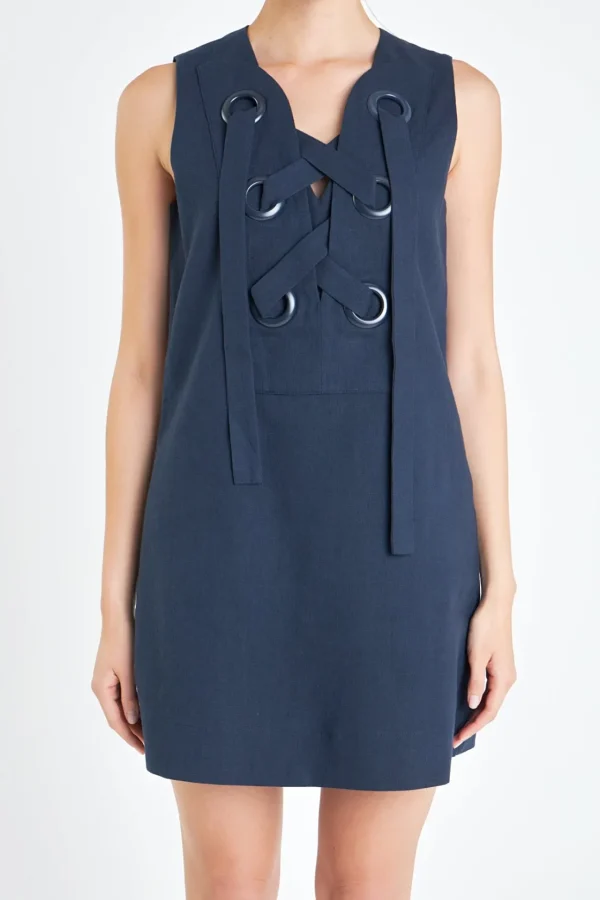 ENGLISH FACTORY Lace Dresses*- Linen Lace Up Front Dress NAVY