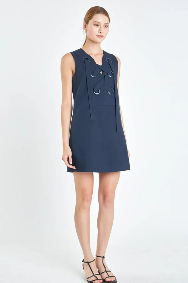 ENGLISH FACTORY Lace Dresses*- Linen Lace Up Front Dress NAVY