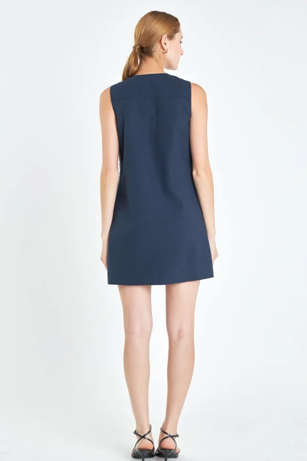 ENGLISH FACTORY Lace Dresses*- Linen Lace Up Front Dress NAVY