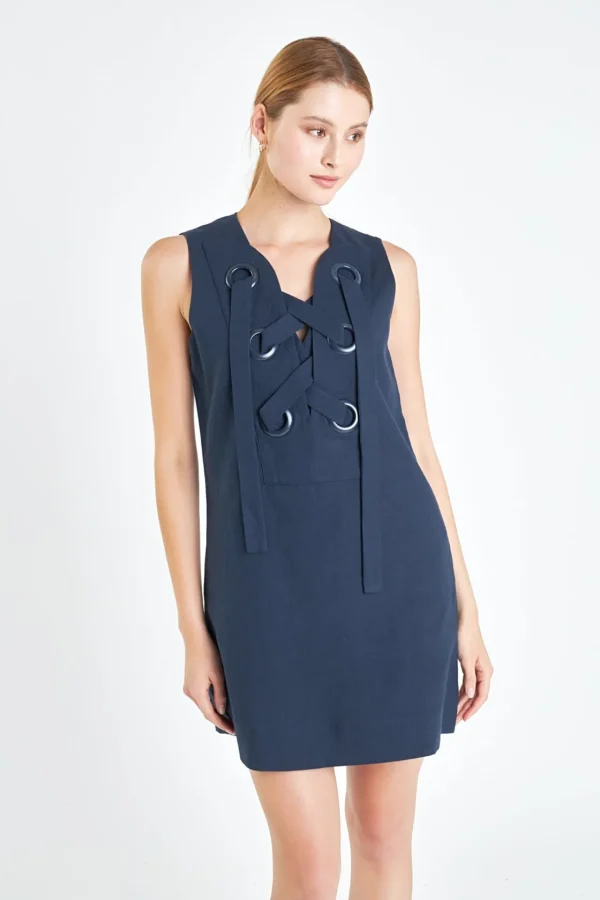 ENGLISH FACTORY Lace Dresses*- Linen Lace Up Front Dress NAVY