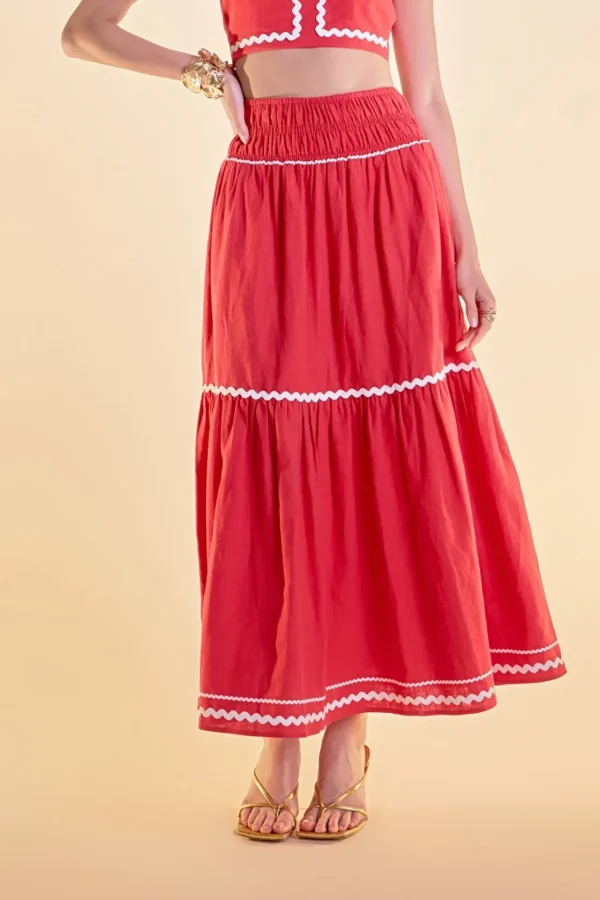 ENGLISH FACTORY Matching Sets | Skirts*- Linen Maxi Skirt w/ Ric Rac Trim RED