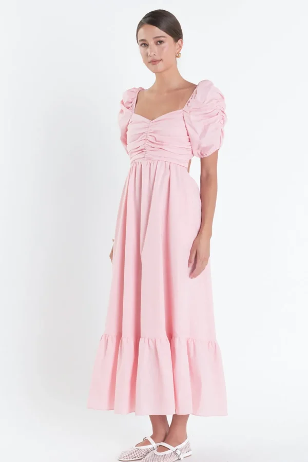 ENGLISH FACTORY Puff Sleeve | Tops*- Linen Maxi Dress PINK