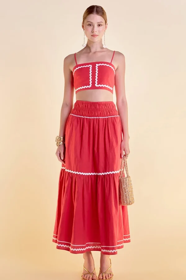 ENGLISH FACTORY Matching Sets | Skirts*- Linen Maxi Skirt w/ Ric Rac Trim RED