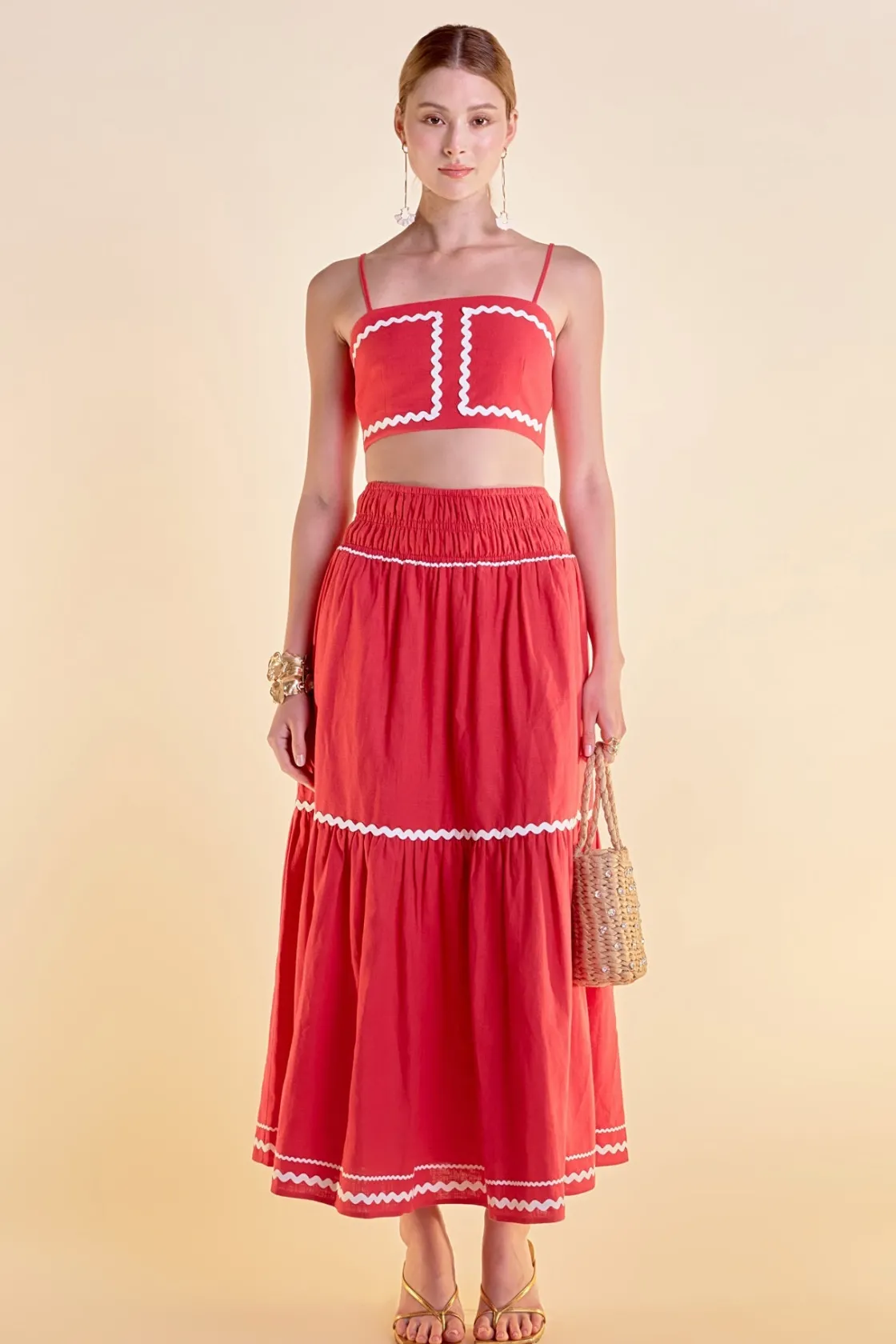 english_factory__linen_ma_1.webp ENGLISH FACTORY Matching Sets | Skirts*- Linen Maxi Skirt w/ Ric Rac Trim RED