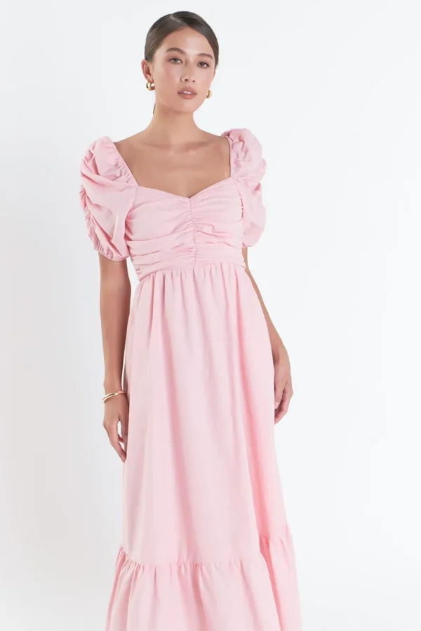ENGLISH FACTORY Puff Sleeve | Tops*- Linen Maxi Dress PINK