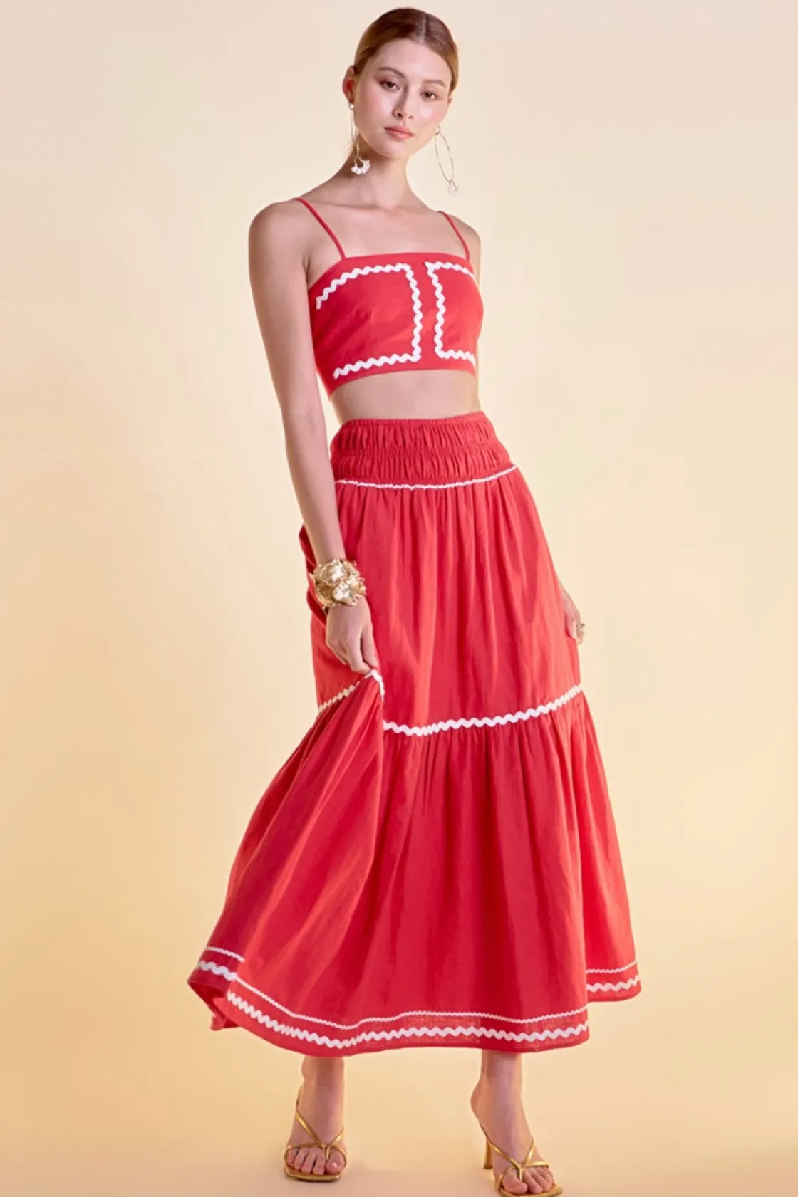english_factory__linen_ma_3.webp ENGLISH FACTORY Matching Sets | Skirts*- Linen Maxi Skirt w/ Ric Rac Trim RED