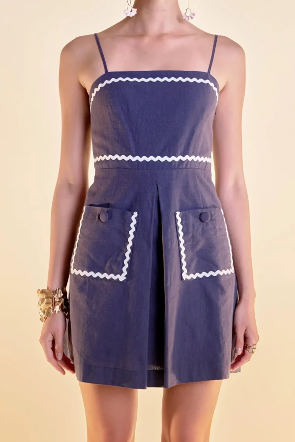 ENGLISH FACTORY Tops*- Linen Mini Dress w/ Ric Rac Trim NAVY