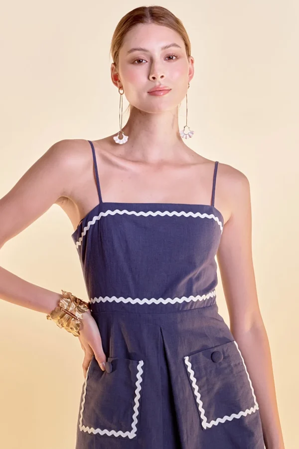 ENGLISH FACTORY Tops*- Linen Mini Dress w/ Ric Rac Trim NAVY