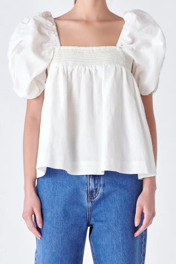 ENGLISH FACTORY Tops*- Linen Ruched Sleeve Top WHITE