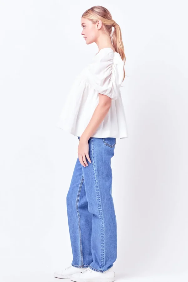 ENGLISH FACTORY Tops*- Linen Ruched Sleeve Top WHITE