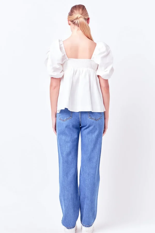 ENGLISH FACTORY Tops*- Linen Ruched Sleeve Top WHITE