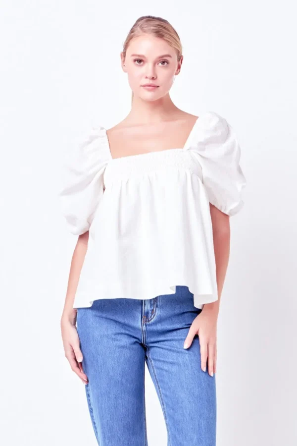 ENGLISH FACTORY Tops*- Linen Ruched Sleeve Top WHITE