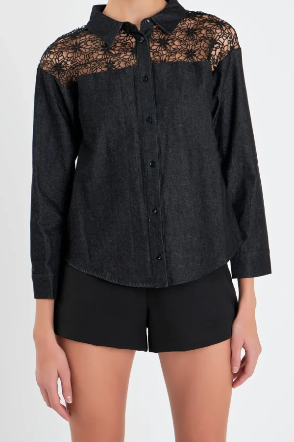 ENGLISH FACTORY Tops*- Long Sleeve Laced Jeans Shirt BLACK
