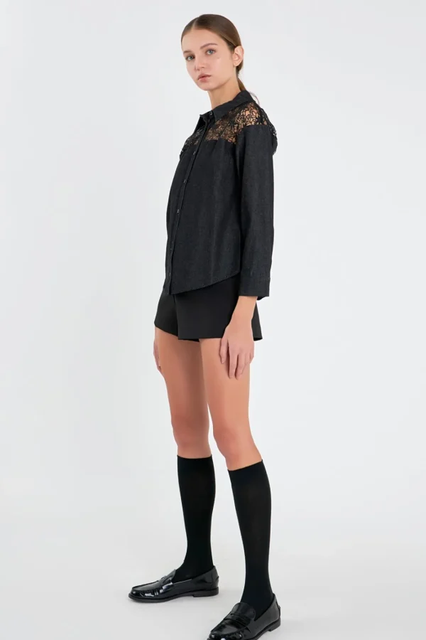 ENGLISH FACTORY Tops*- Long Sleeve Laced Jeans Shirt BLACK