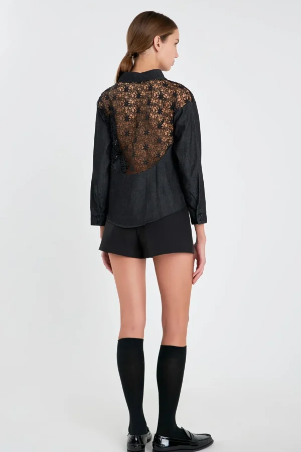 ENGLISH FACTORY Tops*- Long Sleeve Laced Jeans Shirt BLACK