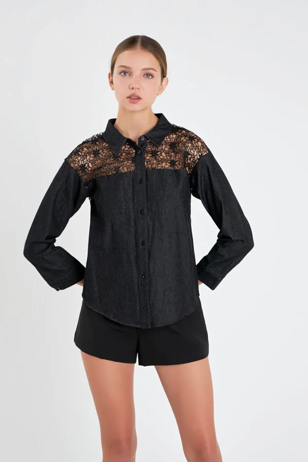 ENGLISH FACTORY Tops*- Long Sleeve Laced Jeans Shirt BLACK
