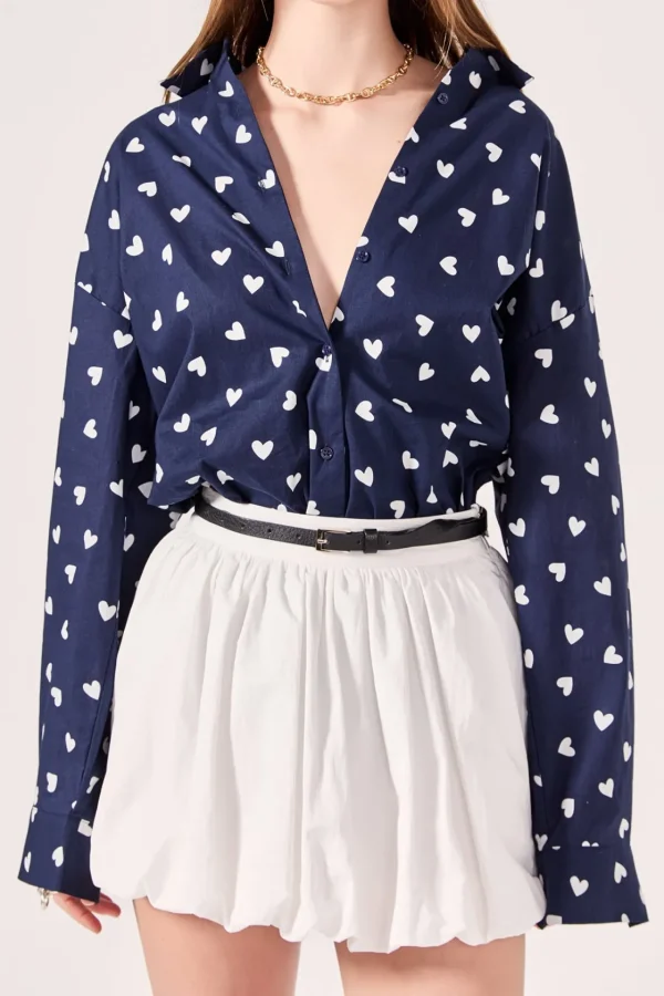 ENGLISH FACTORY Tops*- Lovelyn Heart Printed Shirt NAVY/WHITE