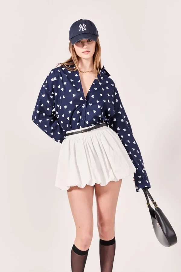 ENGLISH FACTORY Tops*- Lovelyn Heart Printed Shirt NAVY/WHITE