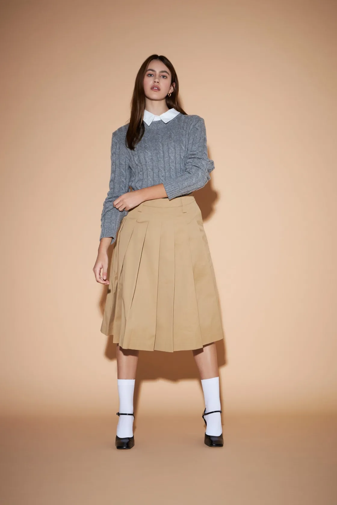 english_factory__low_wais_3.webp ENGLISH FACTORY Skirts*- Low Waist Pleated Midi Skirt TAN