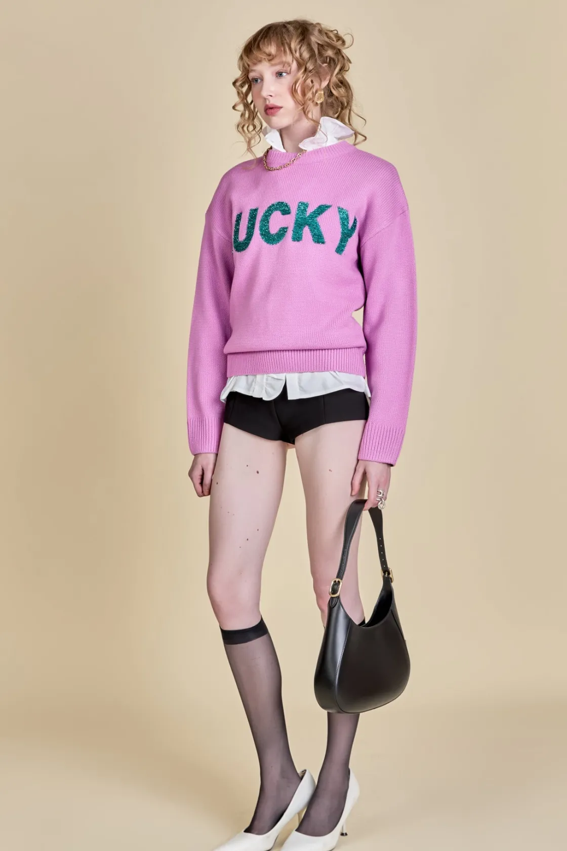 english_factory__lucky_gl_1.webp ENGLISH FACTORY Sweaters & Knits | Tops*- Lucky Glitter Lettering Sweater PINK
