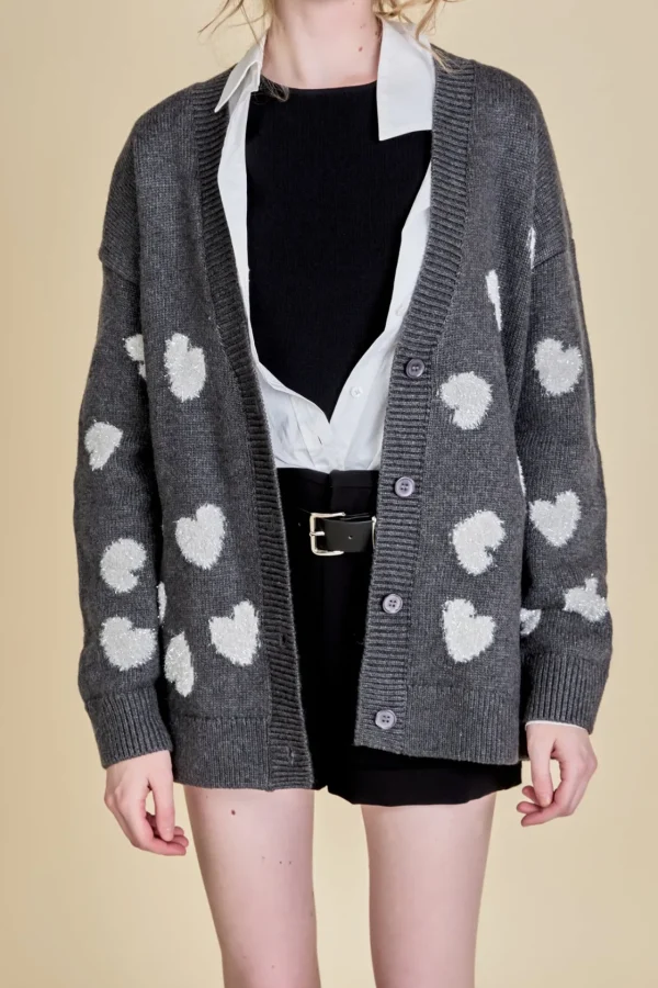 ENGLISH FACTORY Jackets & Coats | Tops*- Lurex Heart Cardigan CHARCOAL/SILVER