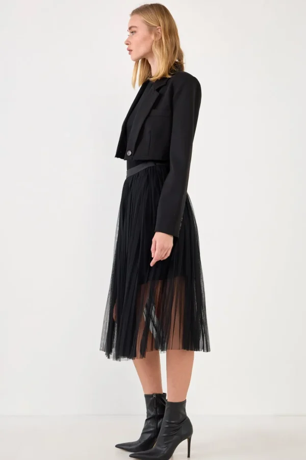 ENGLISH FACTORY Skirts*- Mesh Combo Pleats Skirt BLACK