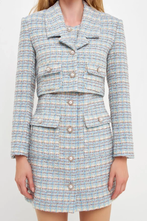 ENGLISH FACTORY Blazers | Tops*- Metallic Tweed Cropped Blazer BLUEMULTI