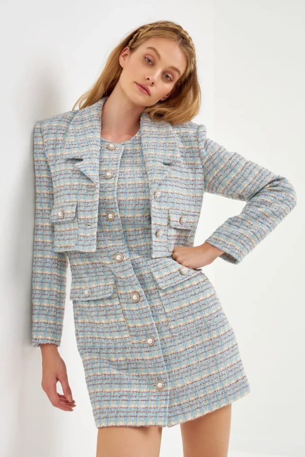 ENGLISH FACTORY Blazers | Tops*- Metallic Tweed Cropped Blazer BLUEMULTI