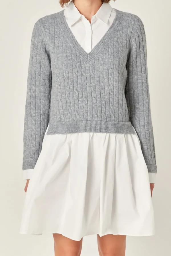 ENGLISH FACTORY White Dresses | Tops*- Mini Mixed Media Dress HEATHERGREY/WHITE