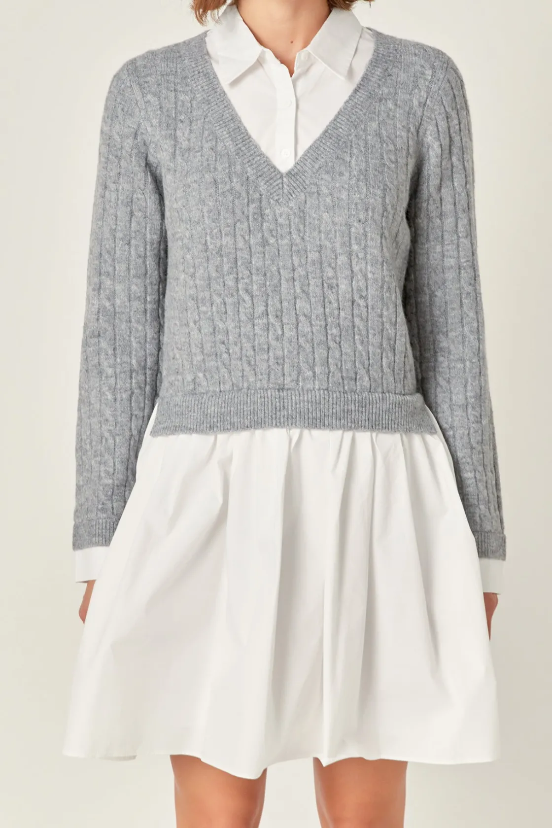 english_factory__mini_mix_0.webp ENGLISH FACTORY White Dresses | Tops*- Mini Mixed Media Dress HEATHERGREY/WHITE