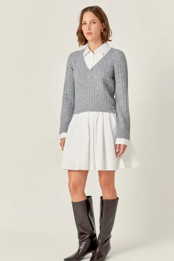 ENGLISH FACTORY White Dresses | Tops*- Mini Mixed Media Dress HEATHERGREY/WHITE