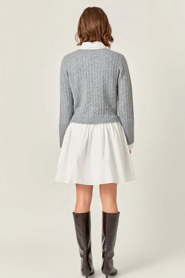 ENGLISH FACTORY White Dresses | Tops*- Mini Mixed Media Dress HEATHERGREY/WHITE