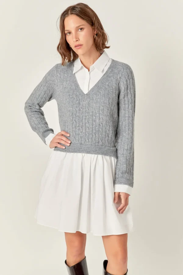 ENGLISH FACTORY White Dresses | Tops*- Mini Mixed Media Dress HEATHERGREY/WHITE