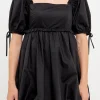 ENGLISH FACTORY Puff Sleeve*- Mini Ruffle Accent Blouson Dress BLACK