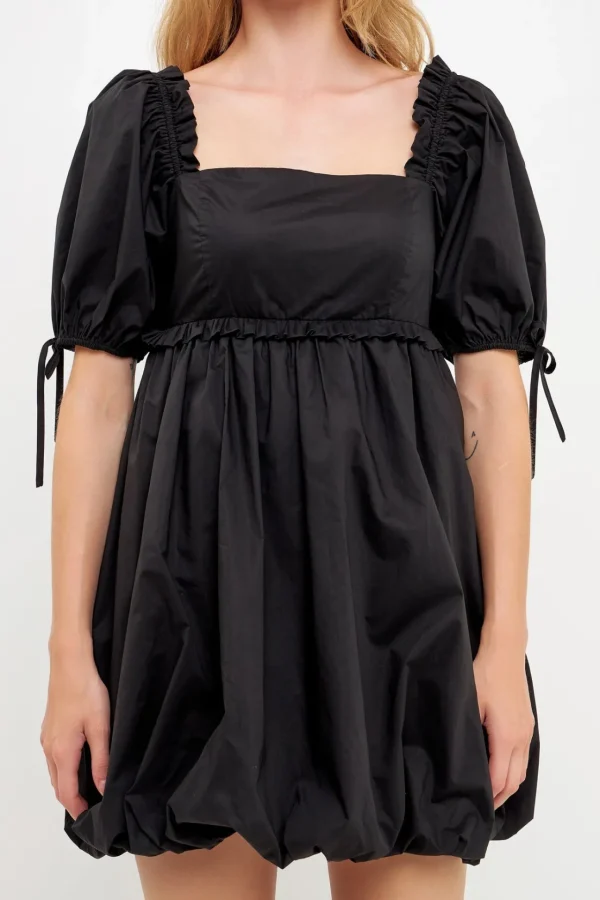 ENGLISH FACTORY Puff Sleeve*- Mini Ruffle Accent Blouson Dress BLACK