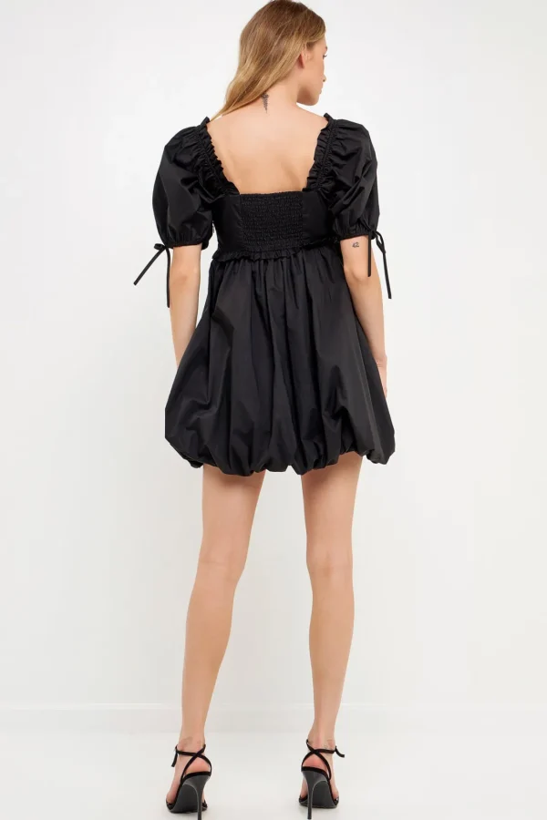ENGLISH FACTORY Puff Sleeve*- Mini Ruffle Accent Blouson Dress BLACK