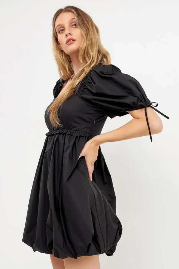ENGLISH FACTORY Puff Sleeve*- Mini Ruffle Accent Blouson Dress BLACK