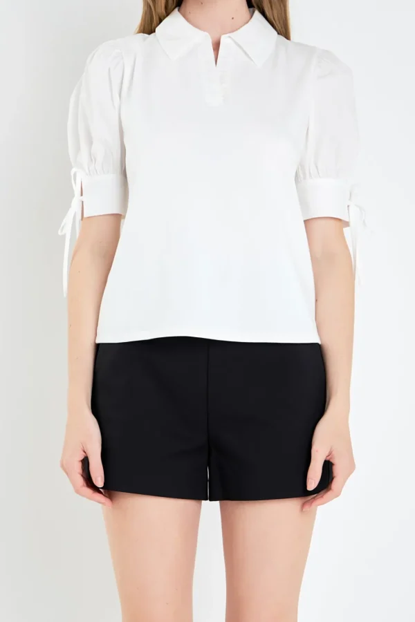 ENGLISH FACTORY Tops*- Mix Media Collar Top OFFWHITE