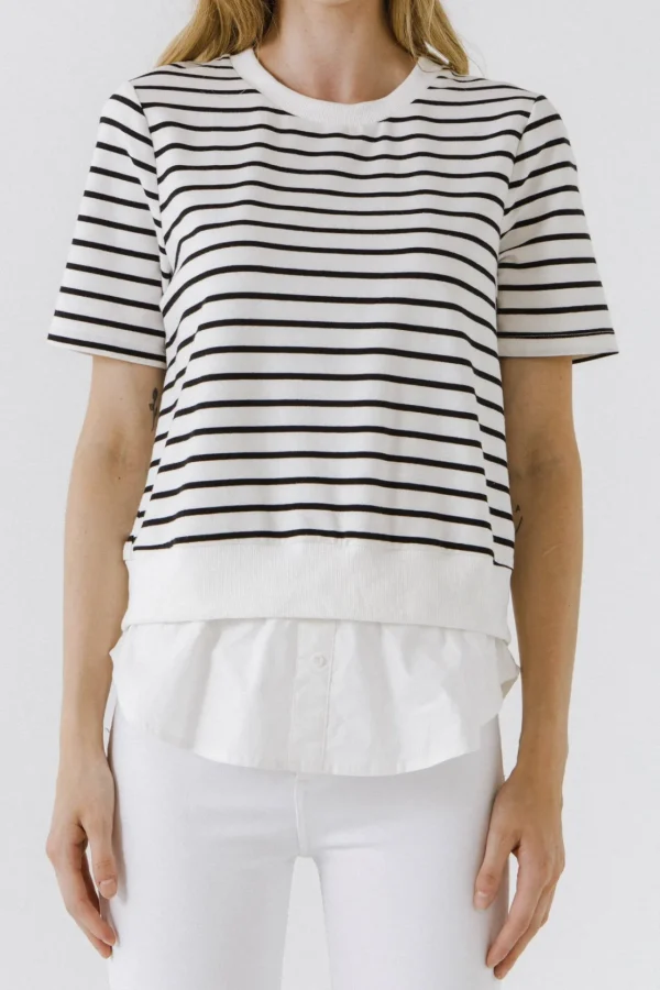 ENGLISH FACTORY Tops*- Mix Media Stripe Top BLACK/WHITE