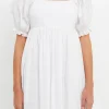 ENGLISH FACTORY Puff Sleeve*- Mix Media Square Neck Mini Dress WHITE