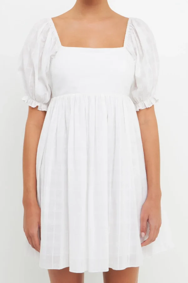 ENGLISH FACTORY Puff Sleeve*- Mix Media Square Neck Mini Dress WHITE