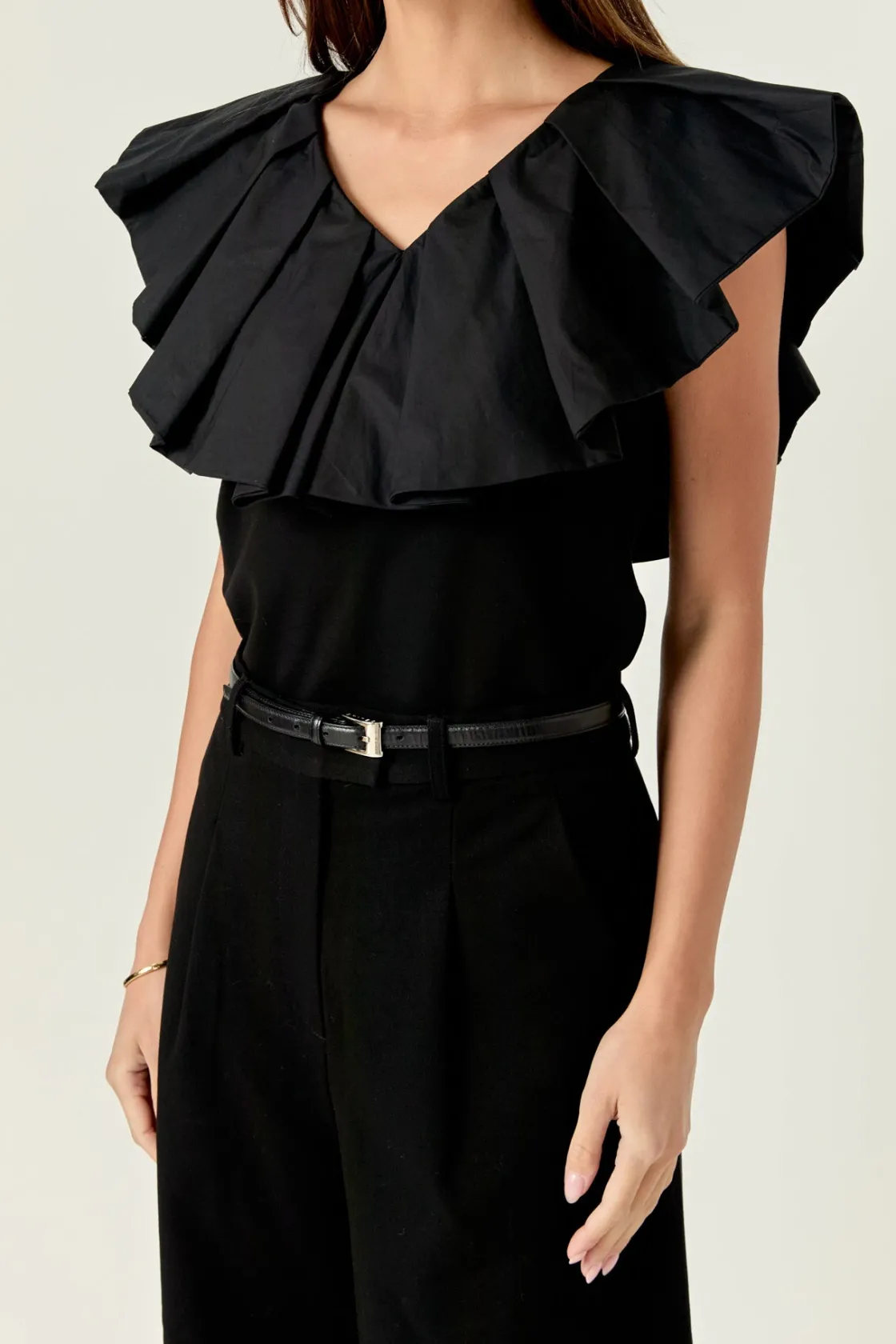 english_factory__mix_medi_0.webp ENGLISH FACTORY Tops*- Mix Media Ruffled Sleeveless Top BLACK
