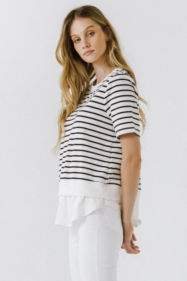 ENGLISH FACTORY Tops*- Mix Media Stripe Top BLACK/WHITE