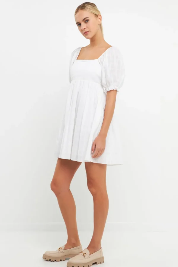 ENGLISH FACTORY Puff Sleeve*- Mix Media Square Neck Mini Dress WHITE