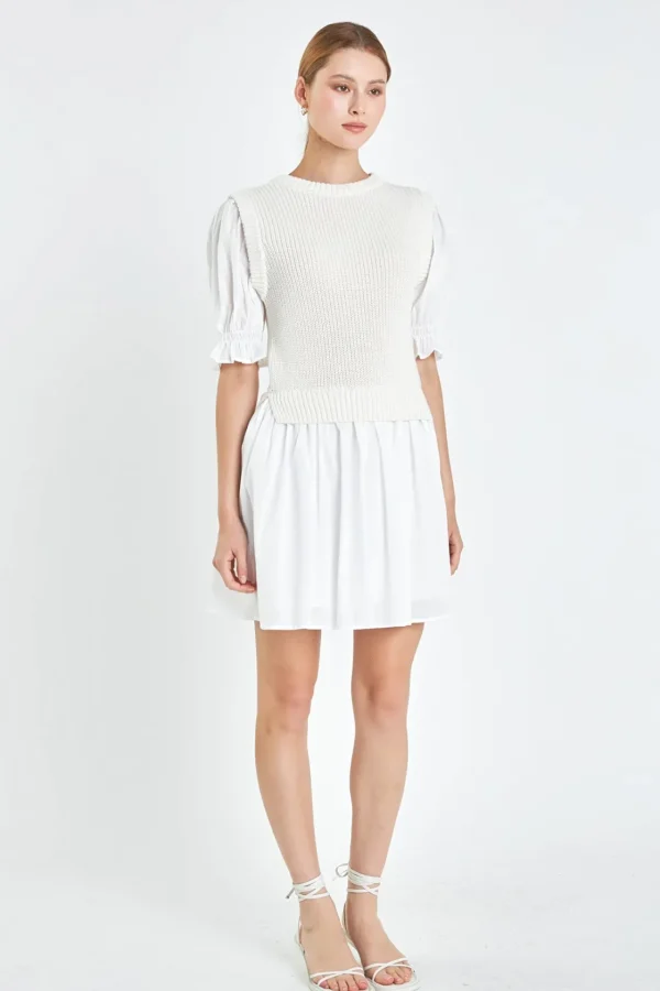 ENGLISH FACTORY White Dresses | Tops*- Mix Media Dress in WHITE