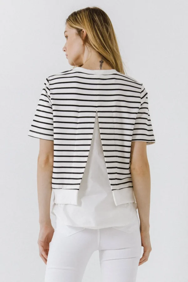 ENGLISH FACTORY Tops*- Mix Media Stripe Top BLACK/WHITE