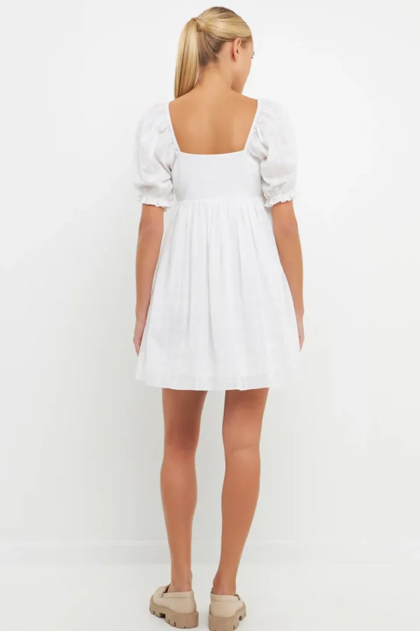 ENGLISH FACTORY Puff Sleeve*- Mix Media Square Neck Mini Dress WHITE