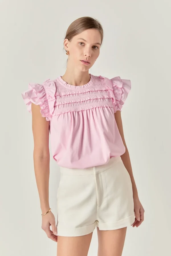 ENGLISH FACTORY Tops*- Mix Media Ruffle Top LIGHTPINK