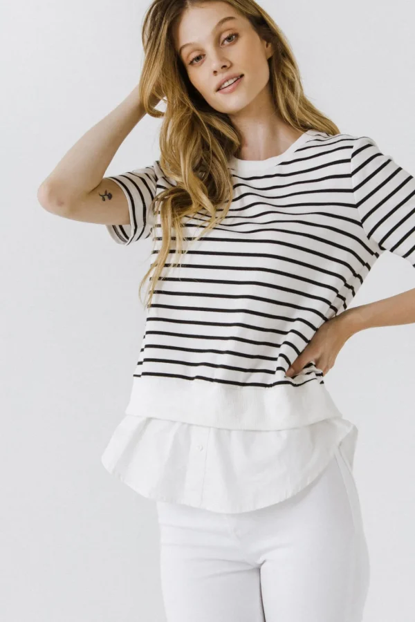 ENGLISH FACTORY Tops*- Mix Media Stripe Top BLACK/WHITE